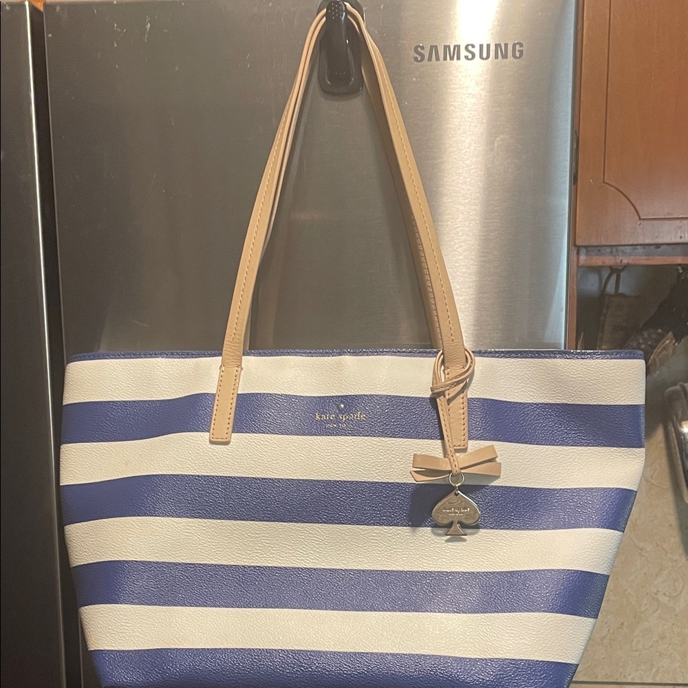 kate spade Blue and White Striped Tote with Tan Handles